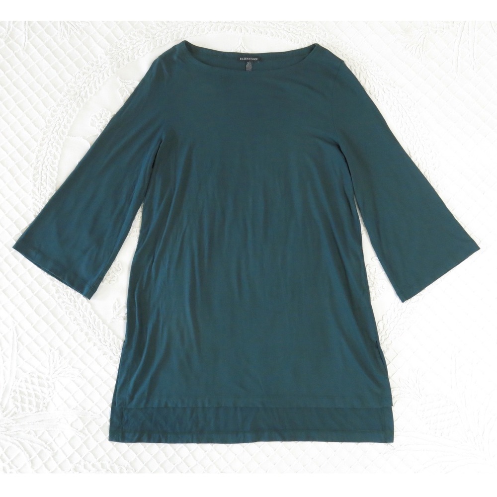 Eileen Fisher Teal Viscose Jersey Boat Neck Bell Sleeve Tunic Top Small Dress